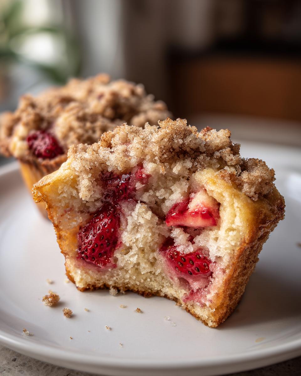 Close-up of a moist strawberry muffin cut in half, showing fresh strawberries and a crunchy cinnamon crumb topping.