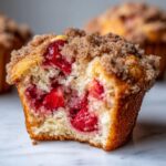 Cross-section of a moist strawberry muffin showing juicy strawberries inside and a thick cinnamon streusel topping.
