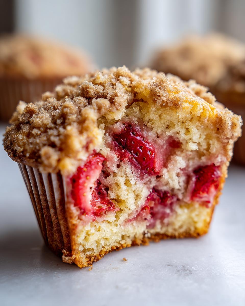 Close-up of a moist strawberry muffin cut in half, revealing chunks of fresh strawberries and a crumbly streusel topping.