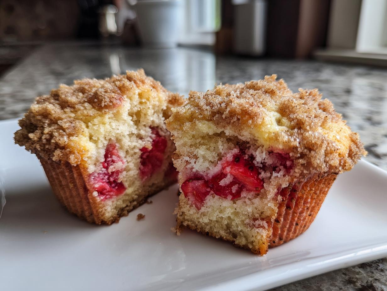 A moist strawberry muffin cut in half, revealing bright red strawberry pieces inside and a cinnamon crumb topping.