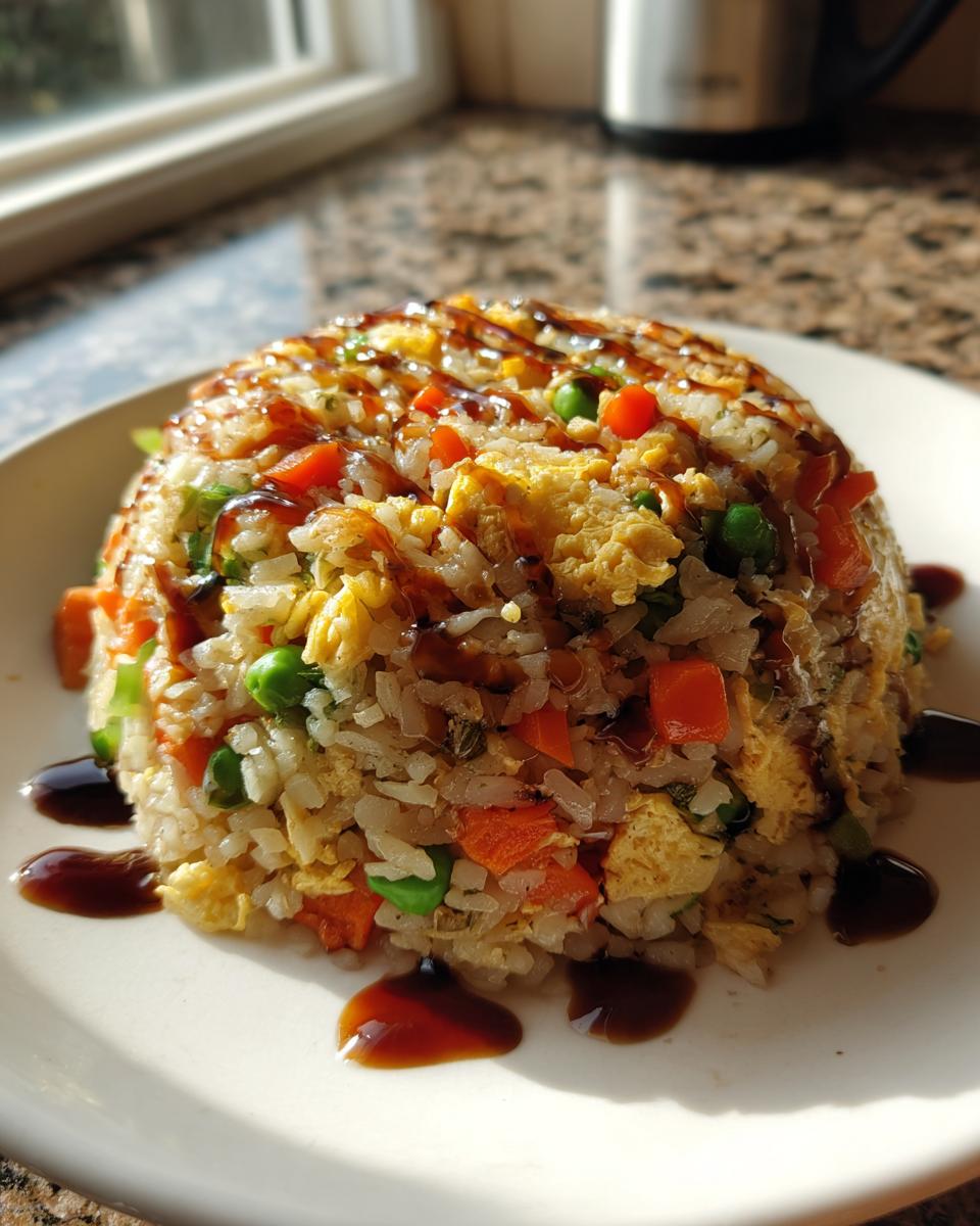 A molded serving of cauliflower fried rice mixed with eggs and vegetables, drizzled with dark sauce.