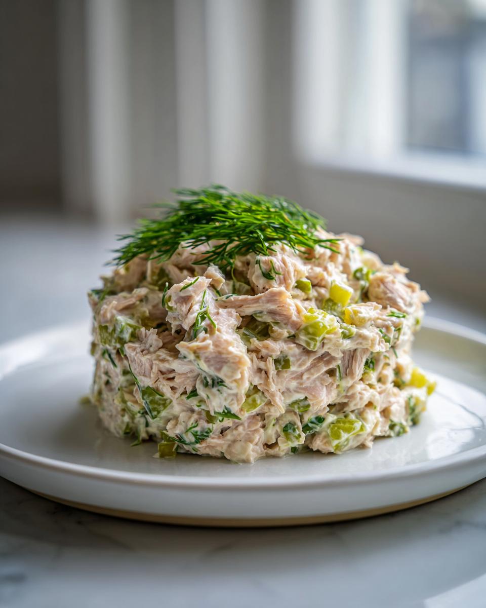 A molded serving of creamy healthy tuna salad mixed with celery and topped with fresh dill, presented on a white plate.
