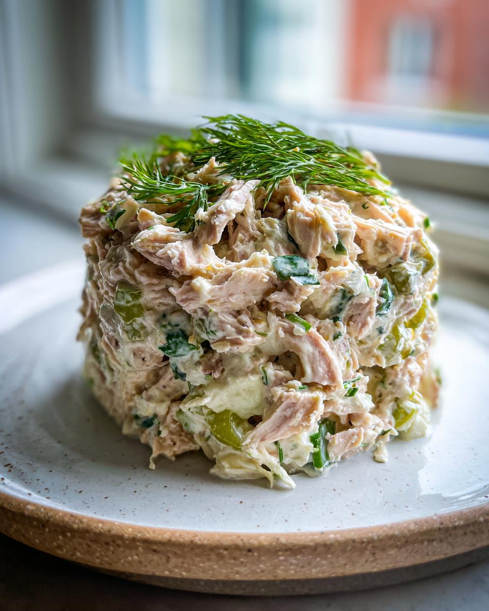 A perfectly molded serving of healthy tuna salad mixed with celery and herbs, topped with fresh dill.