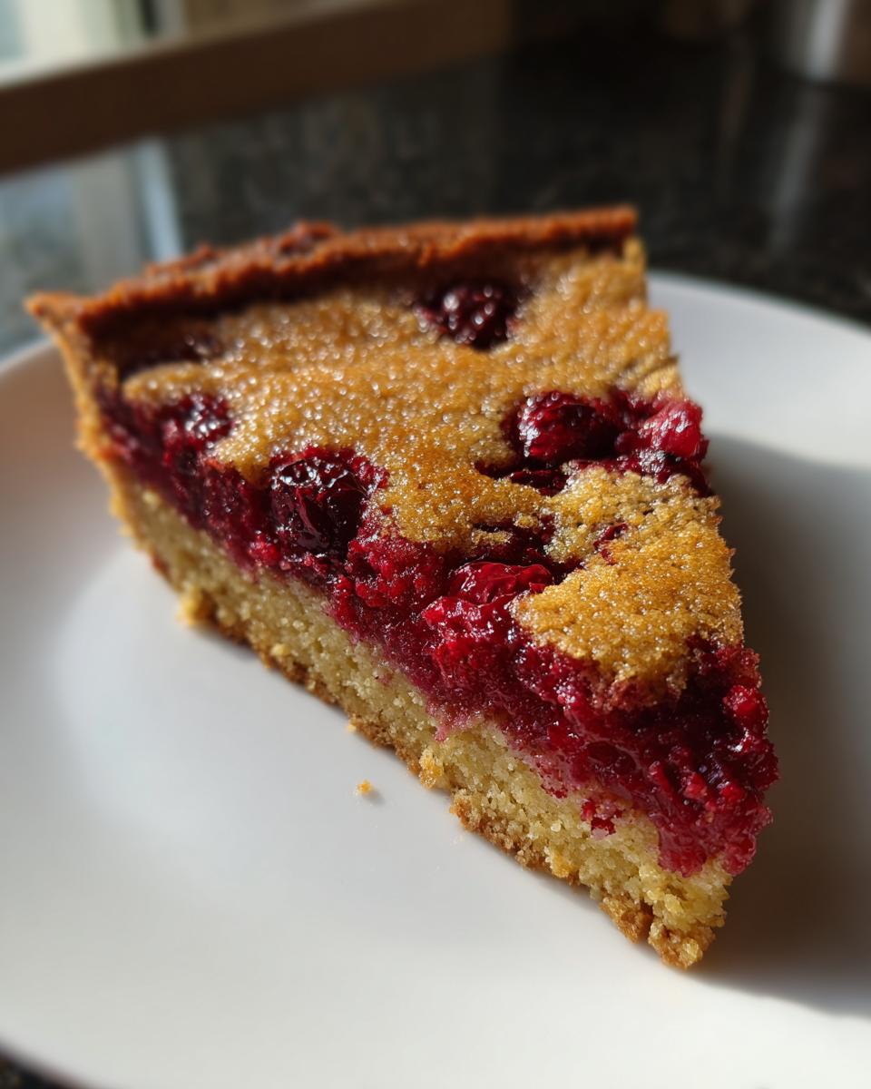 A close-up slice of Nantucket cranberry pie showing the bright red cranberry filling and golden, sugared topping.
