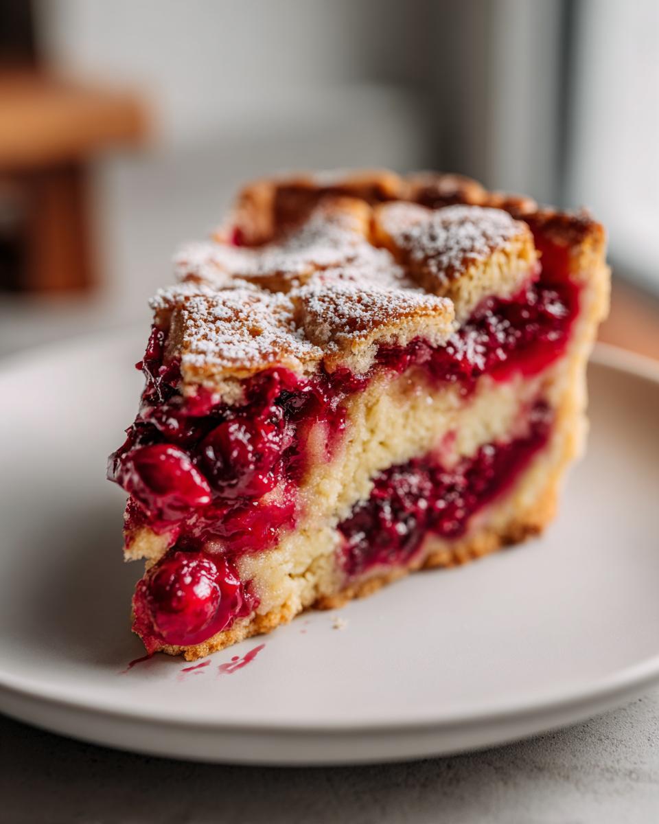 Close-up of a thick slice of Nantucket cranberry pie showing layers of rich red cranberry filling and golden crust, dusted with powdered sugar.
