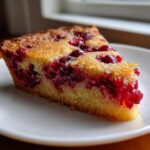 Close-up of a moist slice of Nantucket Cranberry Pie showing bright red cranberries baked into a golden cake base.