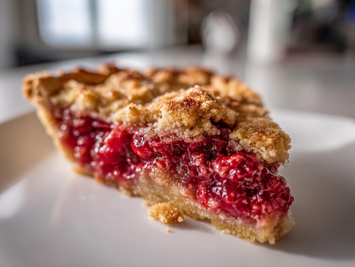 Close-up of a slice of Nantucket cranberry pie showing the bright red filling and golden crumb topping.