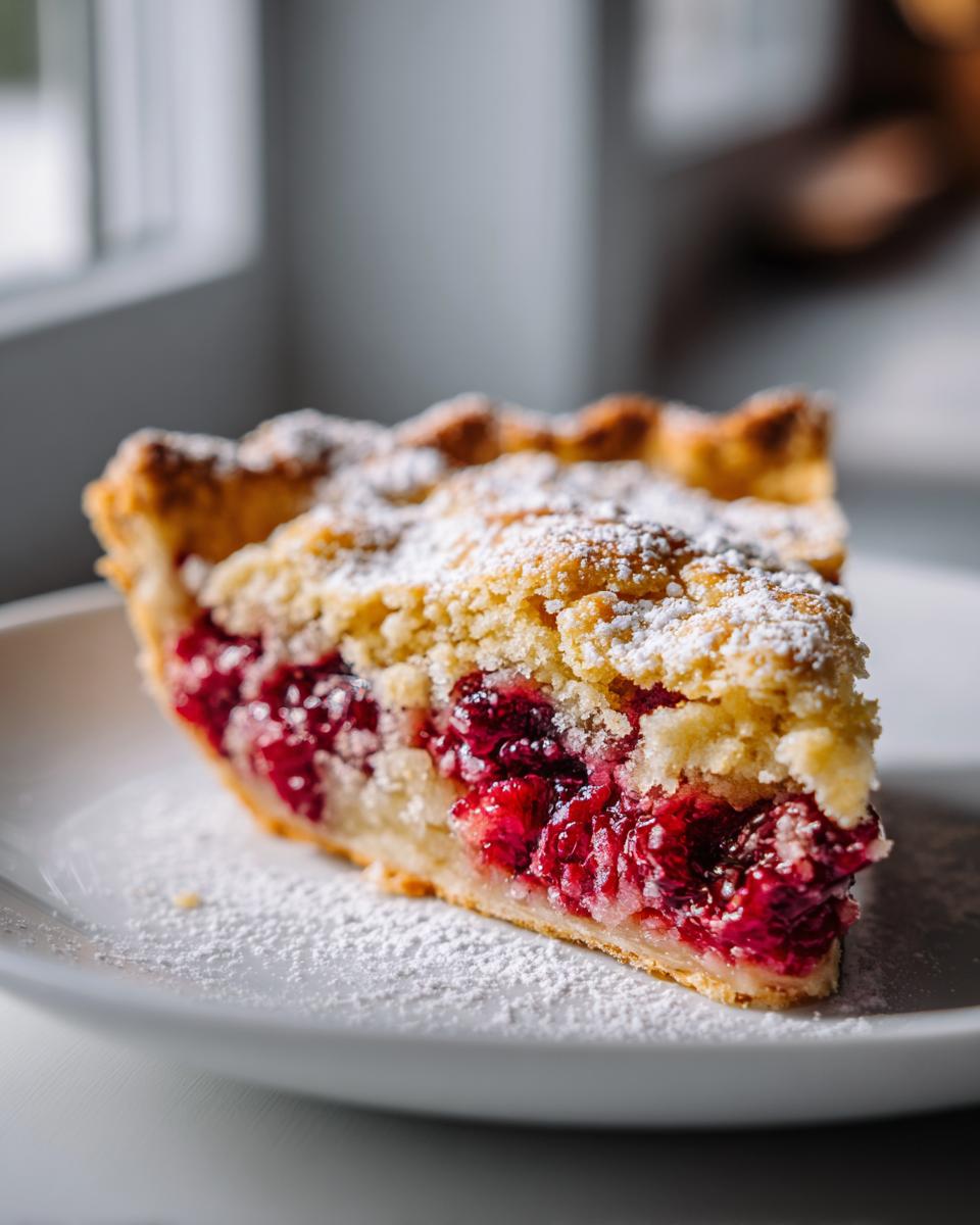 A close-up of a slice of Nantucket cranberry pie showing the bright red filling and buttery crumb topping dusted with powdered sugar.