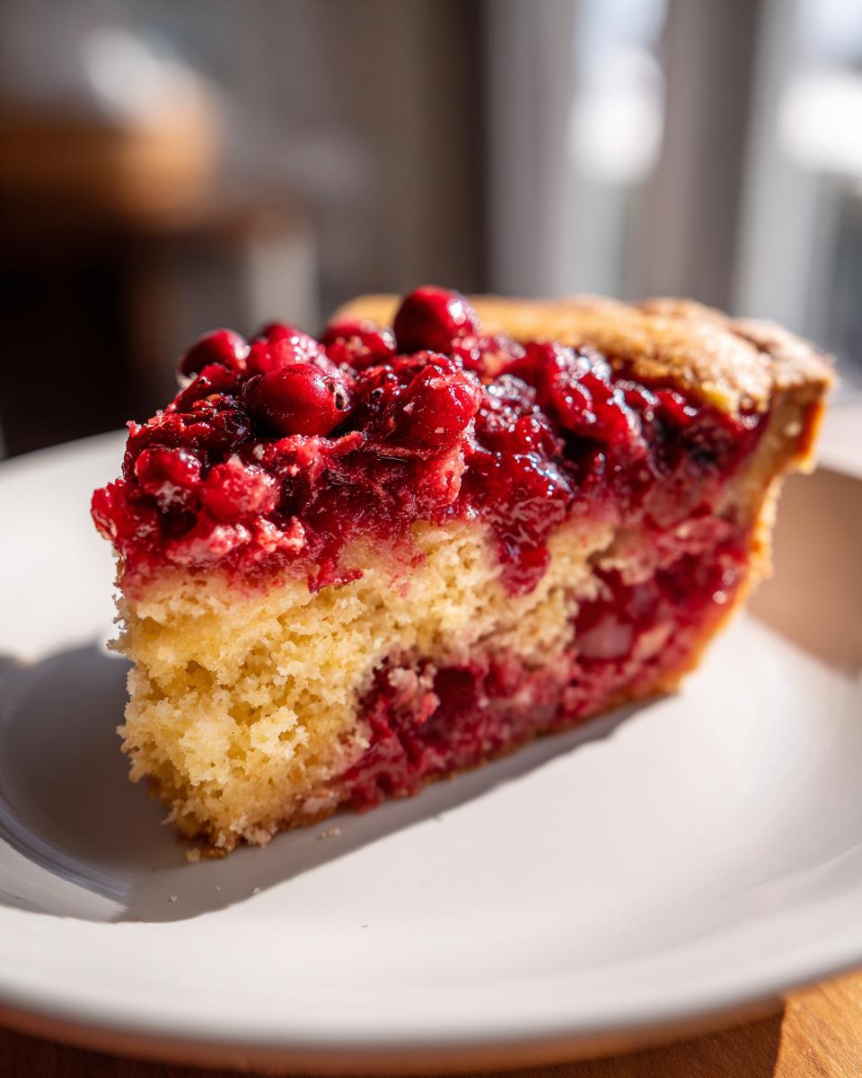 Close-up of a thick slice of Nantucket cranberry pie showing the bright red cranberry filling and yellow cake base.
