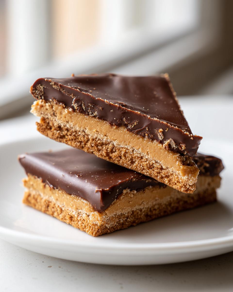 Two stacked squares of no bake buckeye graham crackers with peanut butter filling and chocolate topping.
