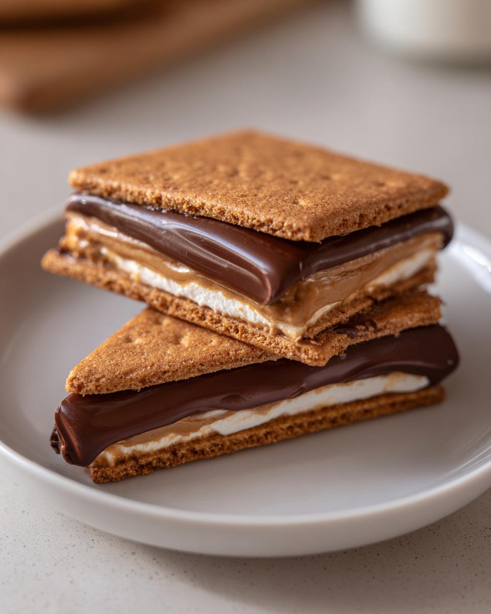 Two stacked no bake buckeye graham crackers treats filled with marshmallow, peanut butter, and melted chocolate.