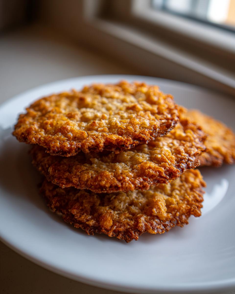 A stack of three golden brown, crispy oatmeal lace cookies resting on a white plate near a window.