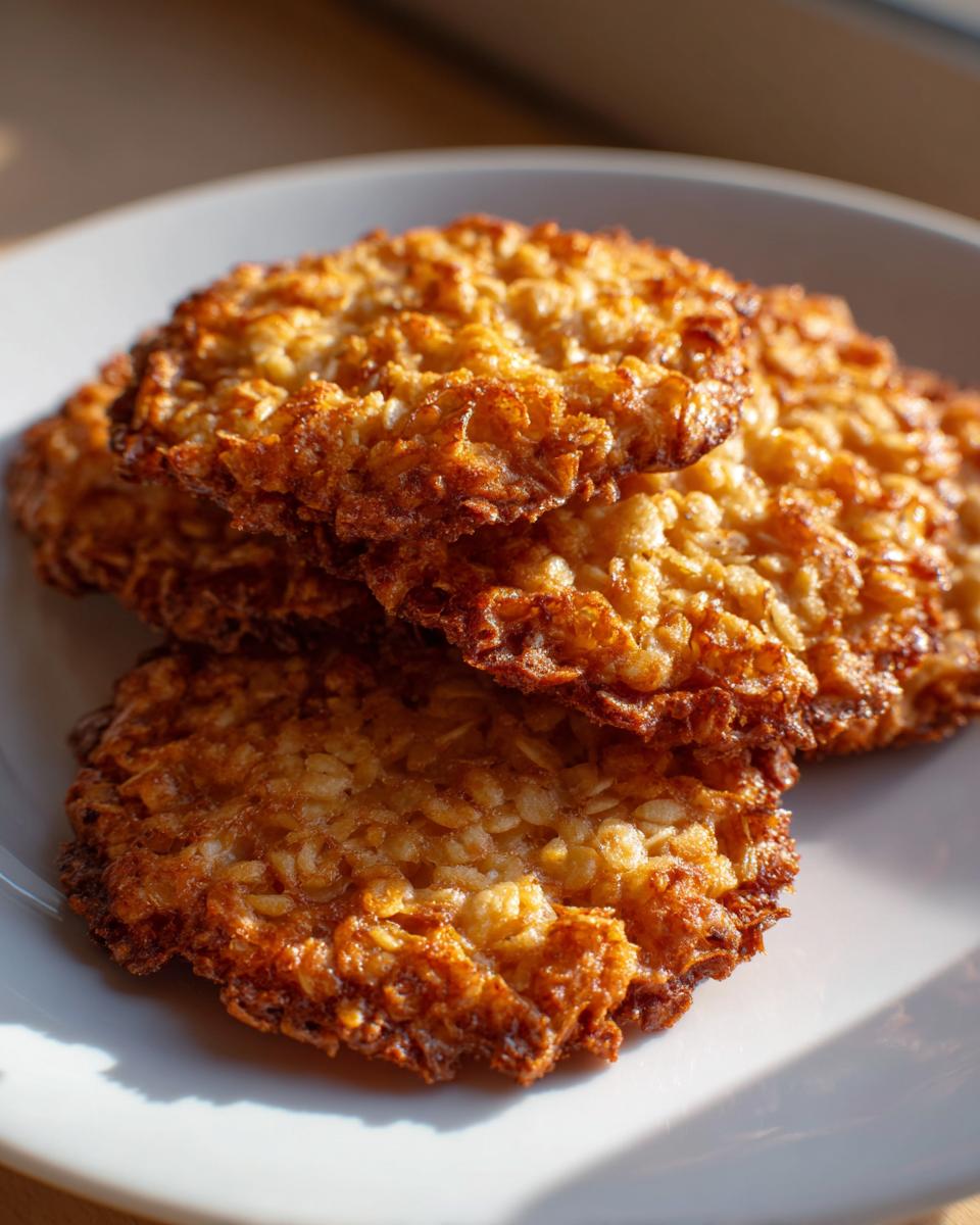 Close-up of three crispy, golden brown oatmeal lace cookies stacked on a white plate, catching sunlight.