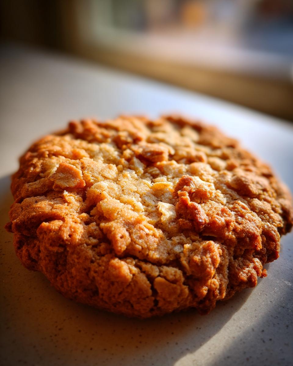 Close-up of a golden brown, textured oatmeal raisin cookie sitting on a light surface in bright sunlight.