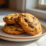 A stack of three thick, golden vegan chocolate chip cookies loaded with dark chocolate chunks, sitting on a light plate.