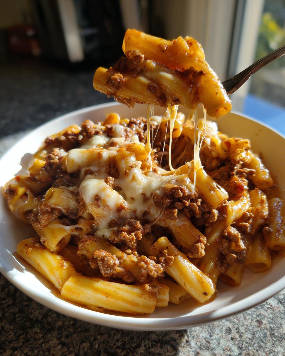 A fork lifting rigatoni pasta covered in rich sauce and melted cheese from a bowl of amazing 1-pot beef pasta.