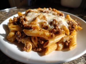 A close-up of a serving of cheesy one-pot beef pasta featuring penne noodles and ground meat sauce, topped with melted mozzarella.