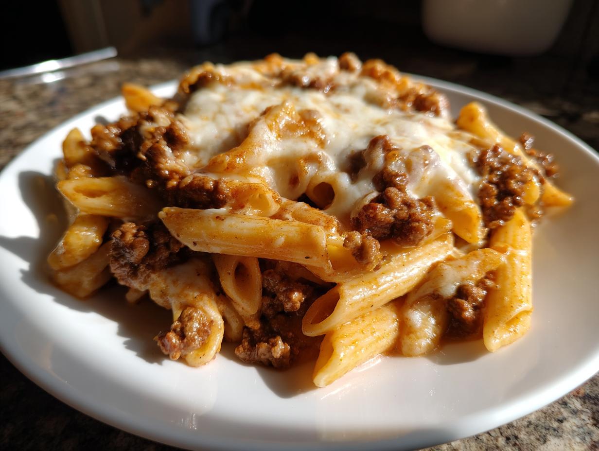 A close-up of a serving of cheesy one-pot beef pasta featuring penne noodles and ground meat sauce, topped with melted mozzarella.