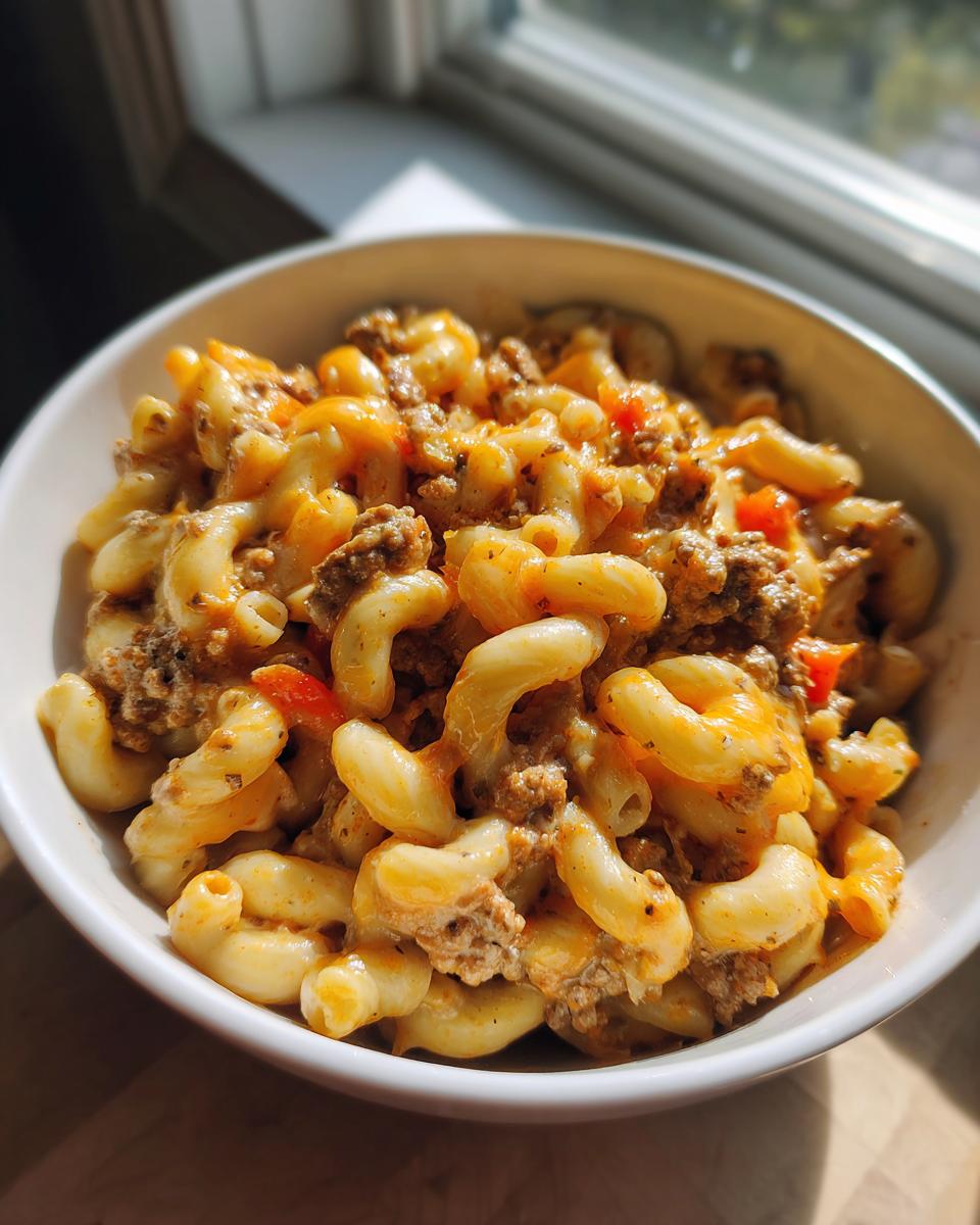 A close-up view of a white bowl filled with creamy taco pasta featuring elbow macaroni and seasoned ground beef.