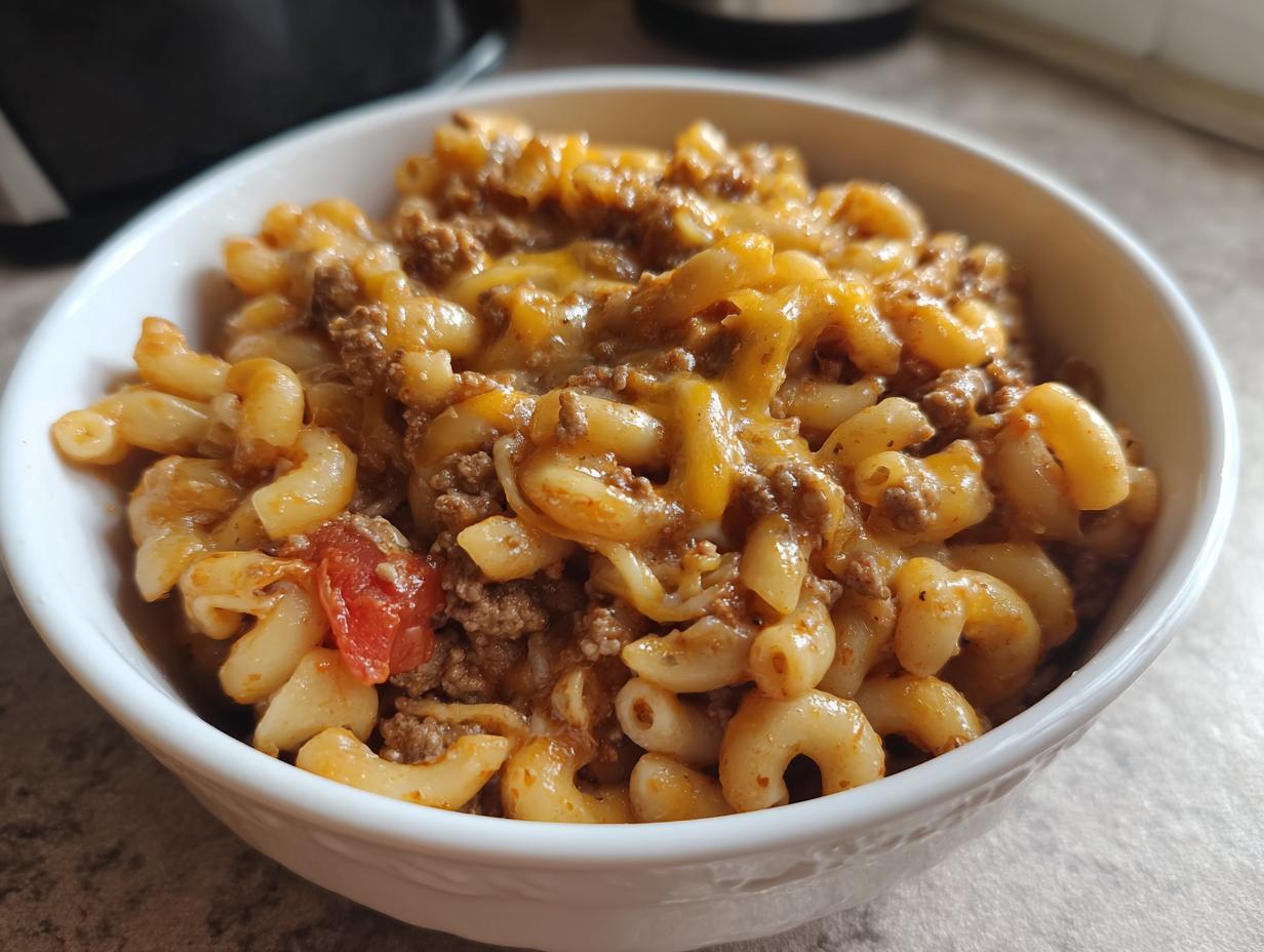Close-up of a hearty bowl of cheesy taco pasta mixed with ground beef and tomatoes.