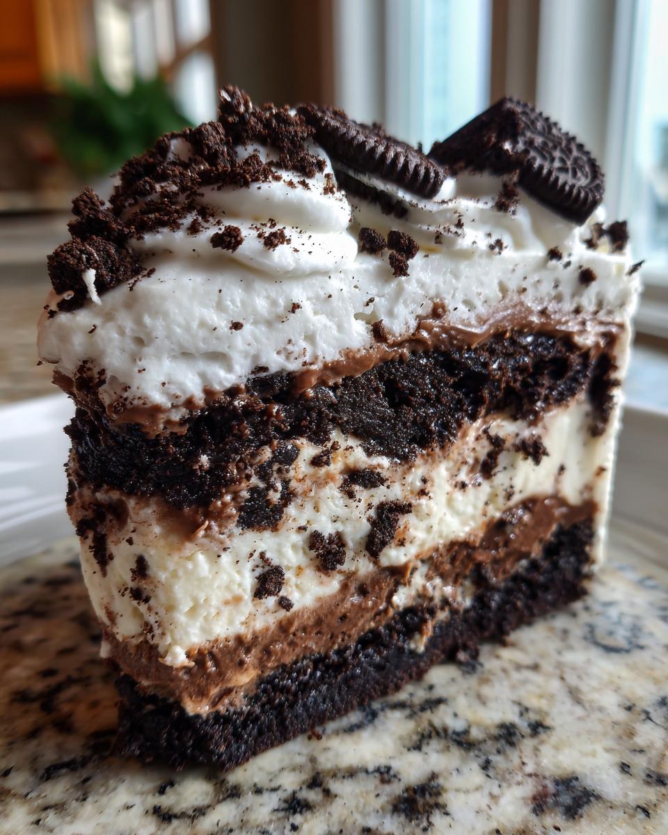 Close-up of a rich slice of ice cream cake featuring layers of dark chocolate cake, vanilla ice cream, chocolate mousse, and whipped topping with Oreo crumbles.