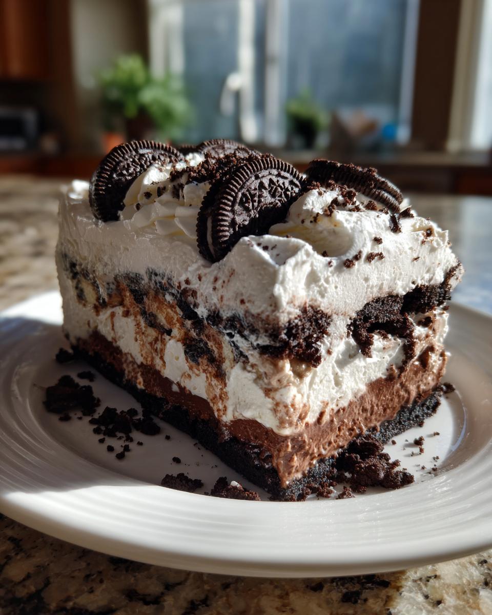 A rich slice of homemade ice cream cake featuring layers of chocolate mousse, whipped cream, and Oreo cookie pieces.