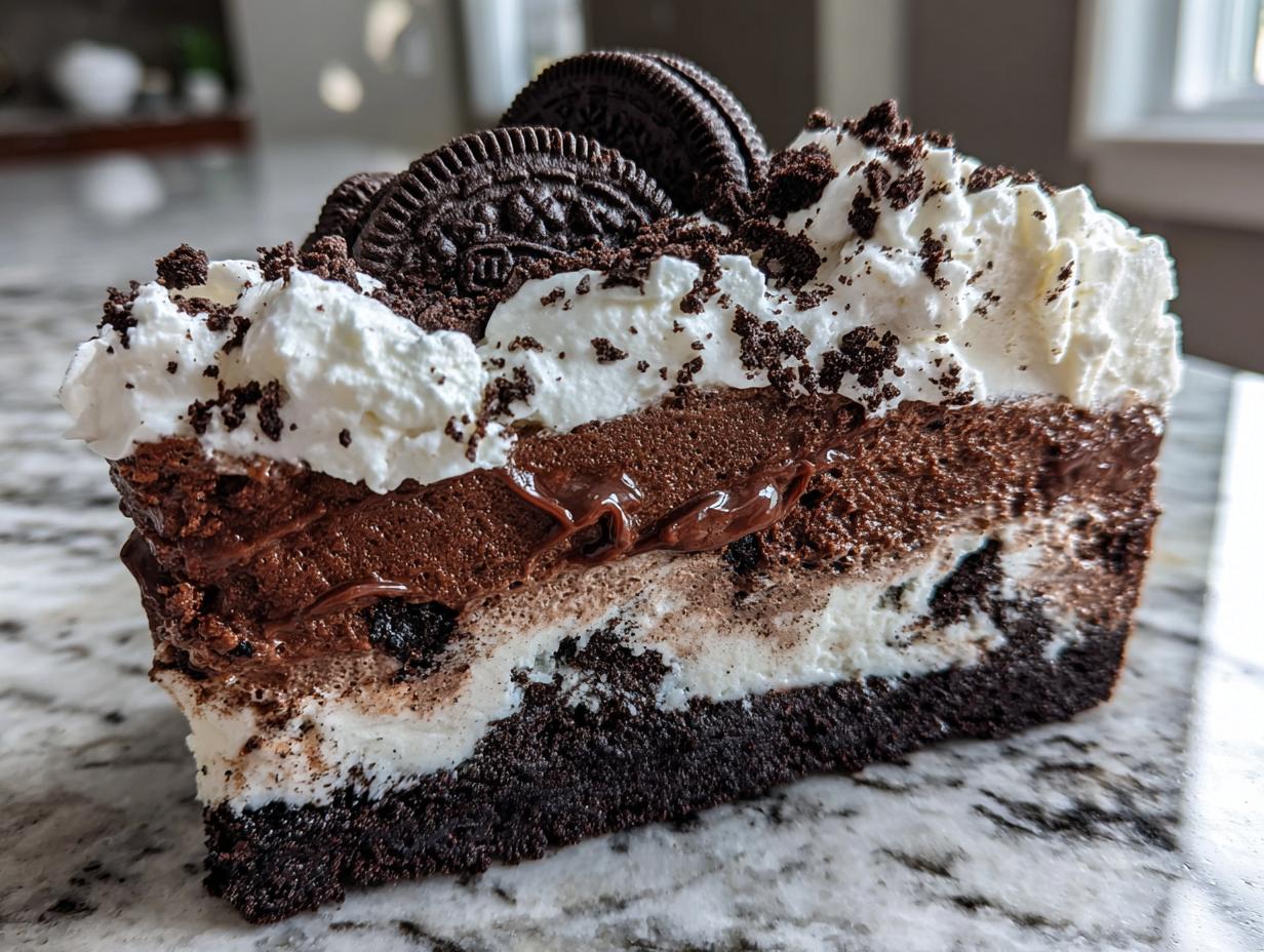 A close-up slice of a multi-layered ice cream cake featuring chocolate mousse, vanilla, and an Oreo crust, topped with whipped cream.