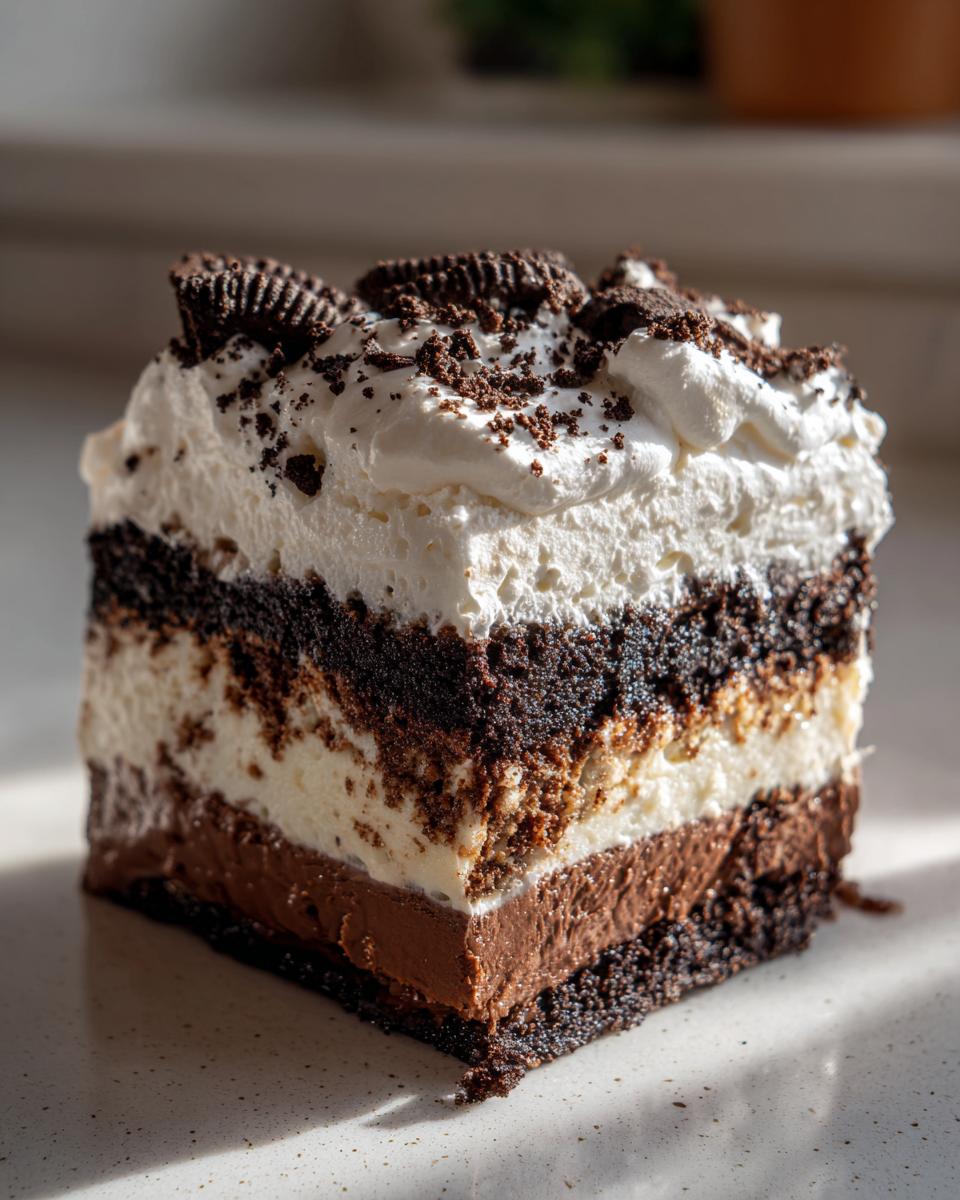 A close-up slice of layered ice cream cake featuring chocolate crust, mousse, vanilla filling, and whipped topping with Oreo crumbles.