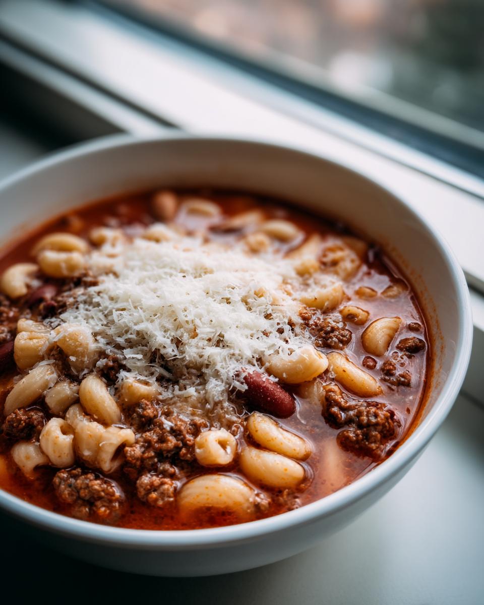 Close-up of a white bowl filled with rich pasta fagioli soup, featuring elbow macaroni, ground meat, beans, and topped with grated Parmesan cheese.