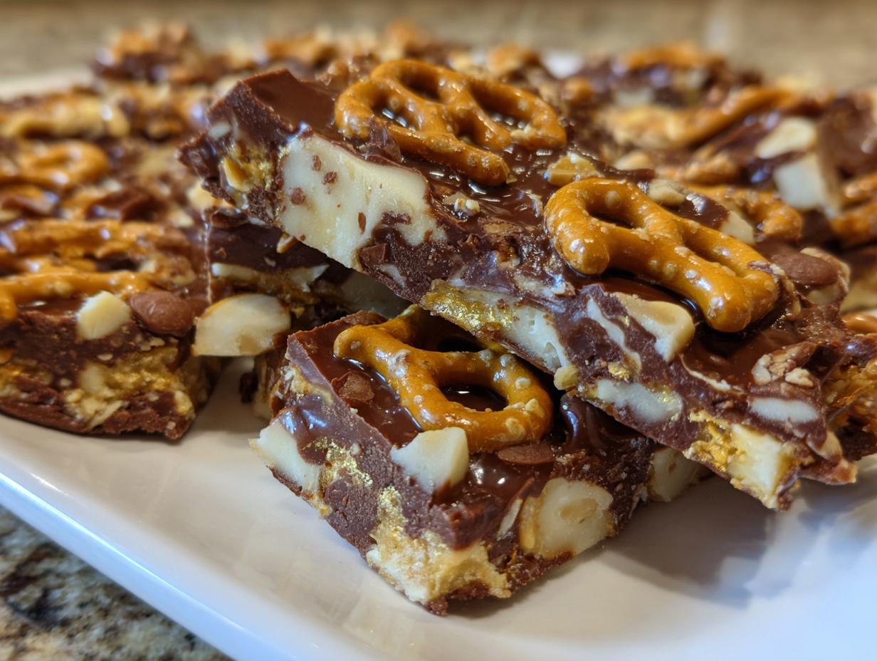 Stack of rich peanut butter pretzel bark squares showing layers of chocolate, white filling, nuts, and whole mini pretzels on top.