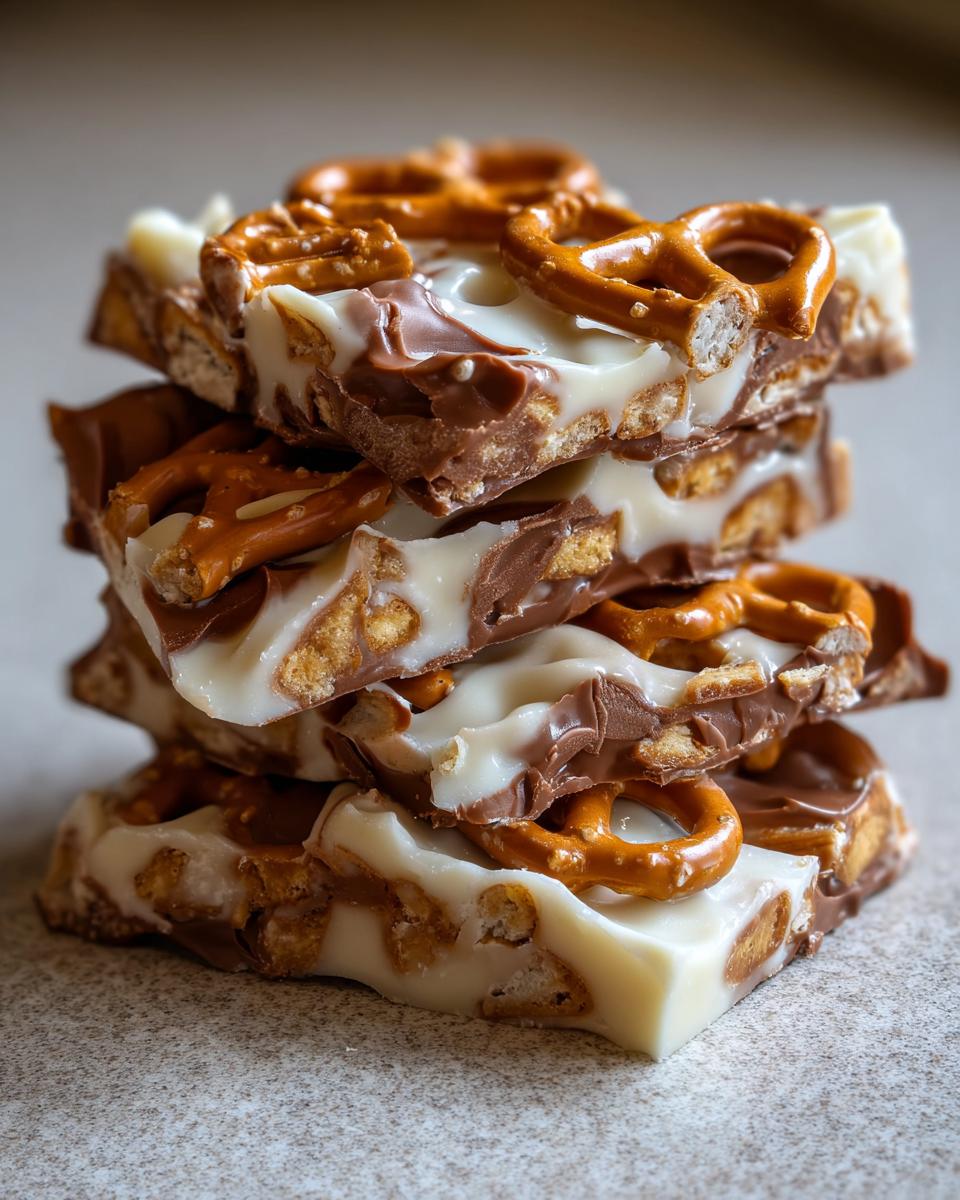 A stack of four squares of peanut butter pretzel bark featuring white and milk chocolate and whole pretzels on top.