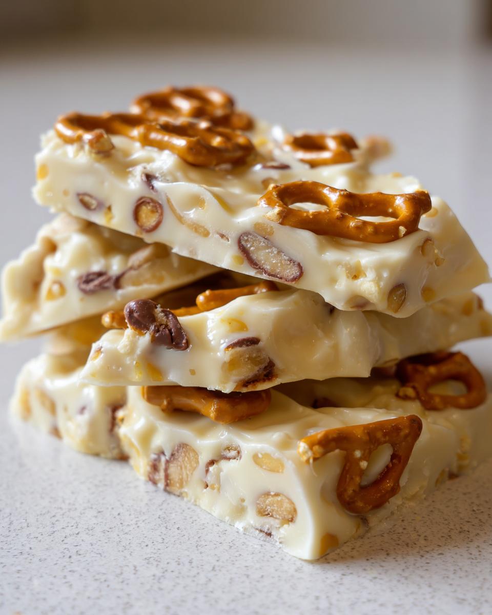 A stack of four thick pieces of white chocolate peanut butter pretzel bark, featuring visible pretzel pieces and nuts embedded in the white coating.
