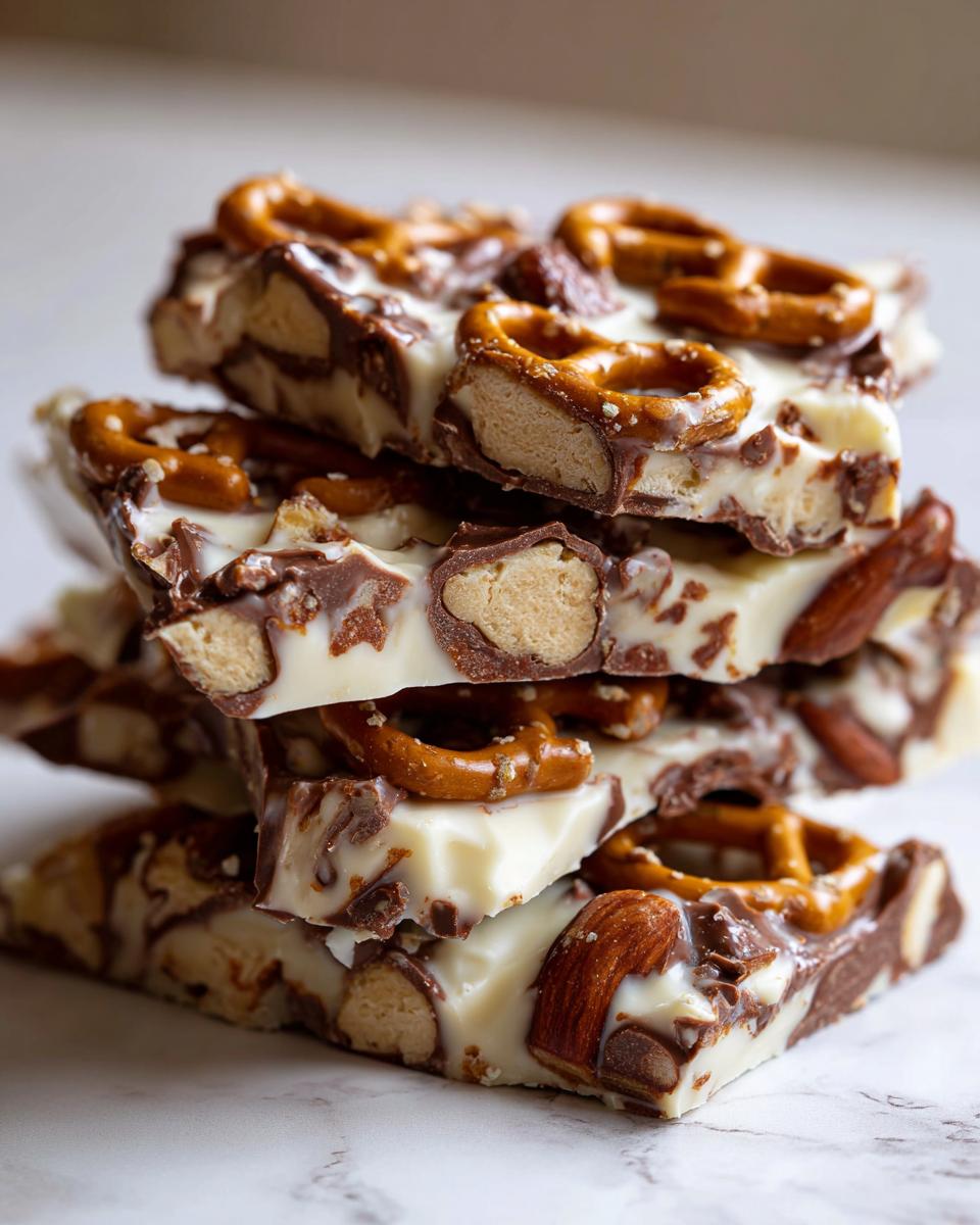 A stack of broken pieces of white chocolate peanut butter pretzel bark showing pretzels and nuts embedded in the chocolate.
