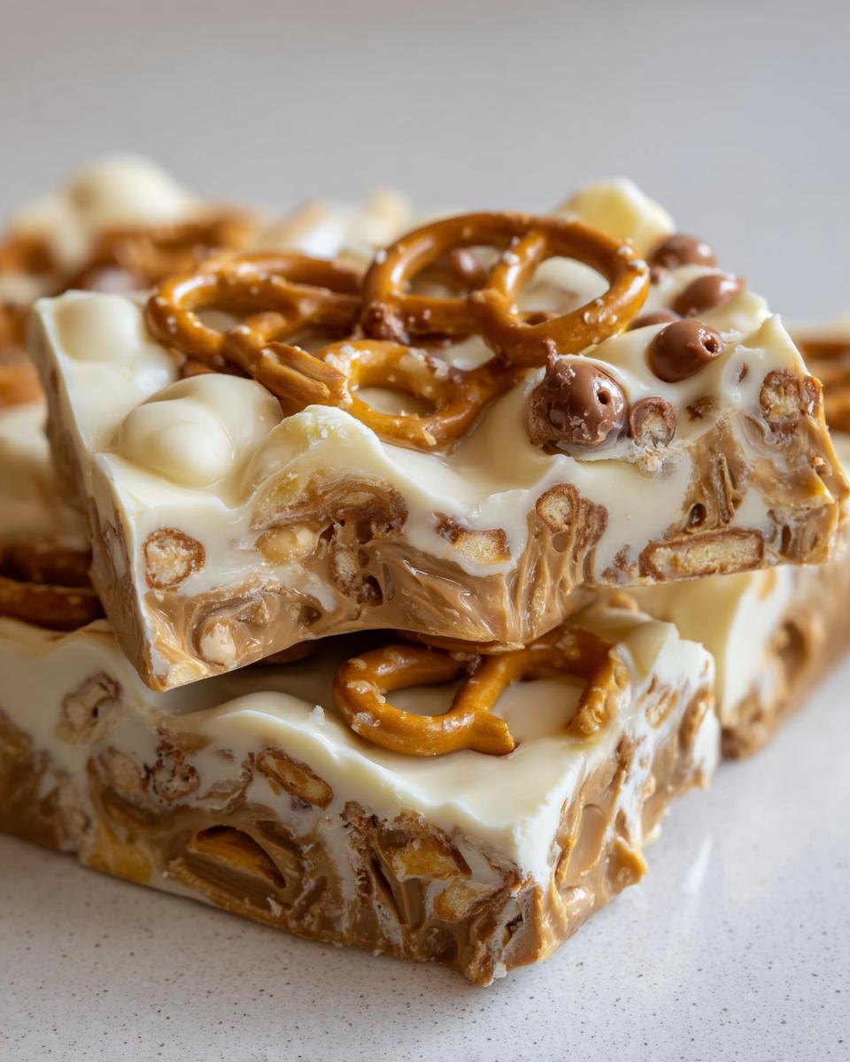 Close-up of stacked pieces of peanut butter pretzel bark featuring white chocolate, pretzels, and crunchy bits.