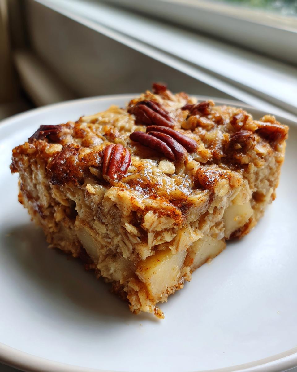 Close-up of a square slice of baked oatmeal topped with pecans, showing chunks of apple inside.