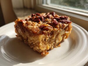 A close-up of a square serving of baked oatmeal topped with pecans, bathed in sunlight.