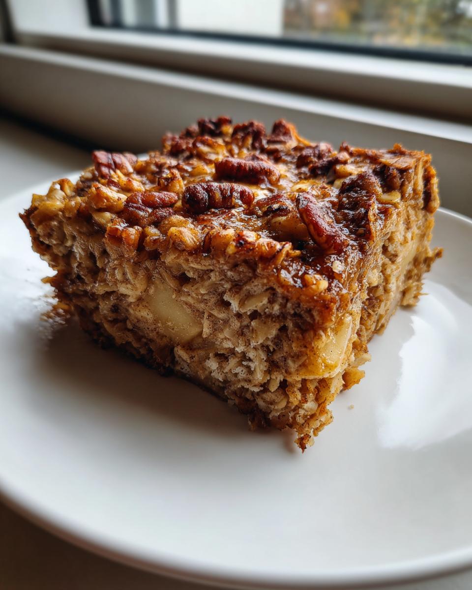 A square slice of moist baked oatmeal topped with caramelized pecans, served on a white plate.