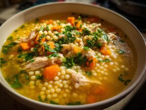 Close-up of a bowl of warm penicillin soup featuring shredded chicken, pearl pasta, diced carrots, and fresh parsley garnish.