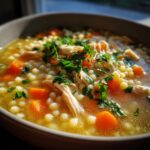 A close-up, appetizing shot of penicillin soup featuring shredded chicken, bright orange carrots, small pearl pasta, and fresh parsley garnish.