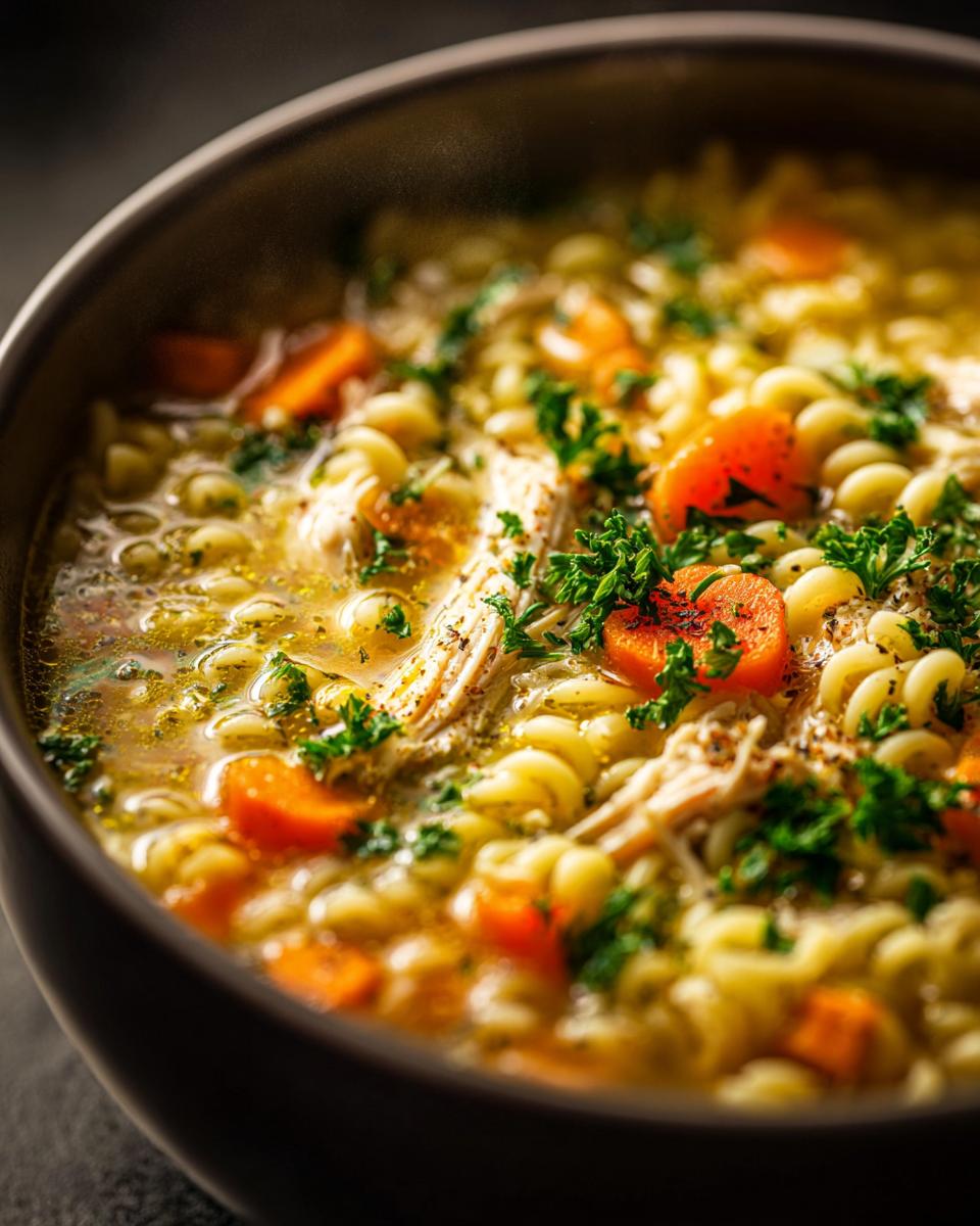 A close-up, steamy bowl of penicillin soup featuring spiral pasta, shredded chicken, bright orange carrots, and fresh parsley garnish.