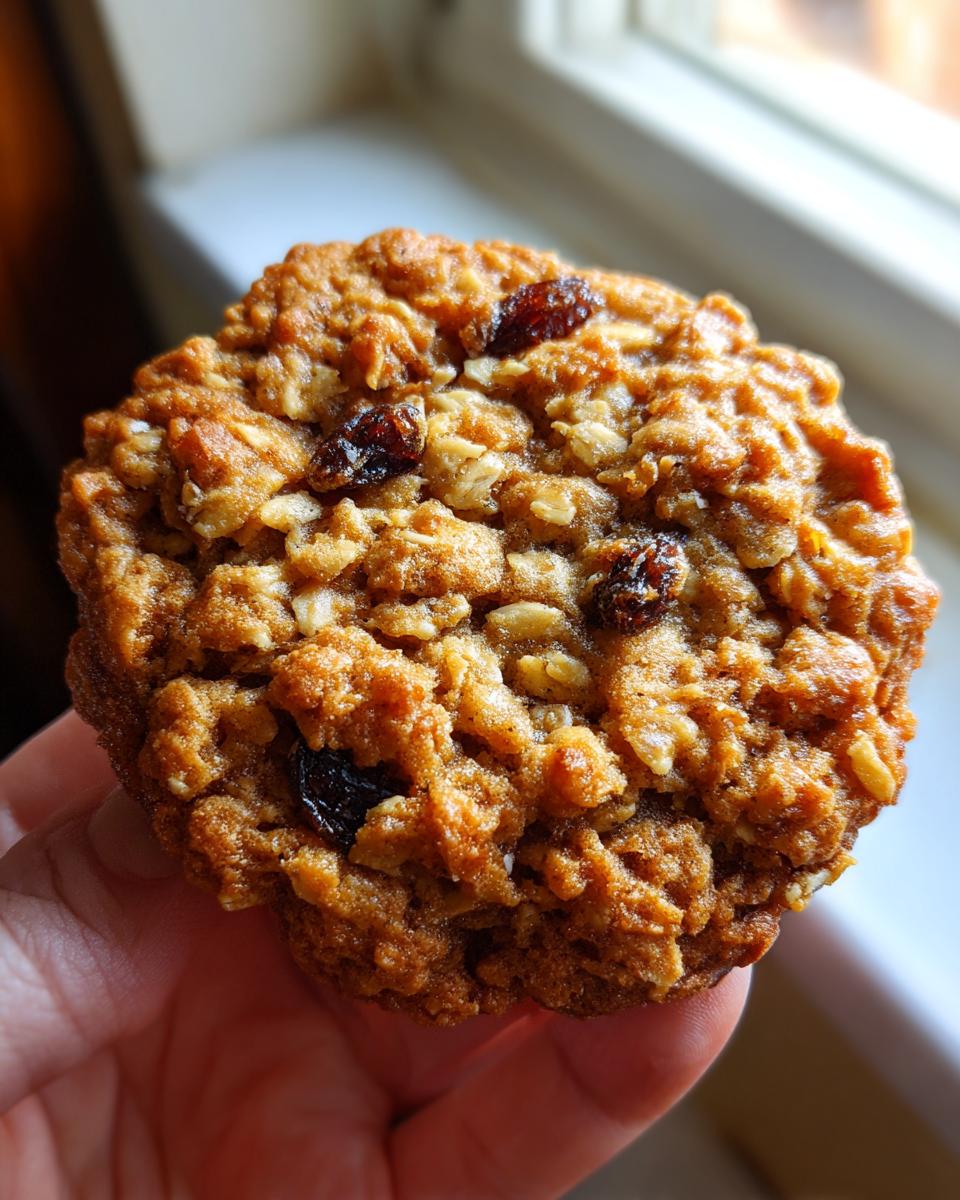 Close-up of a perfectly baked, chewy oatmeal raisin cookie being held up near a bright window.