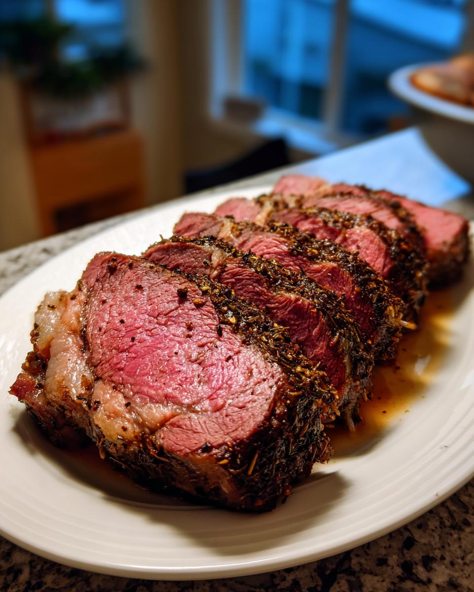 Slices of a perfectly cooked, medium-rare rib roast featuring a dark herb crust resting on a white platter.