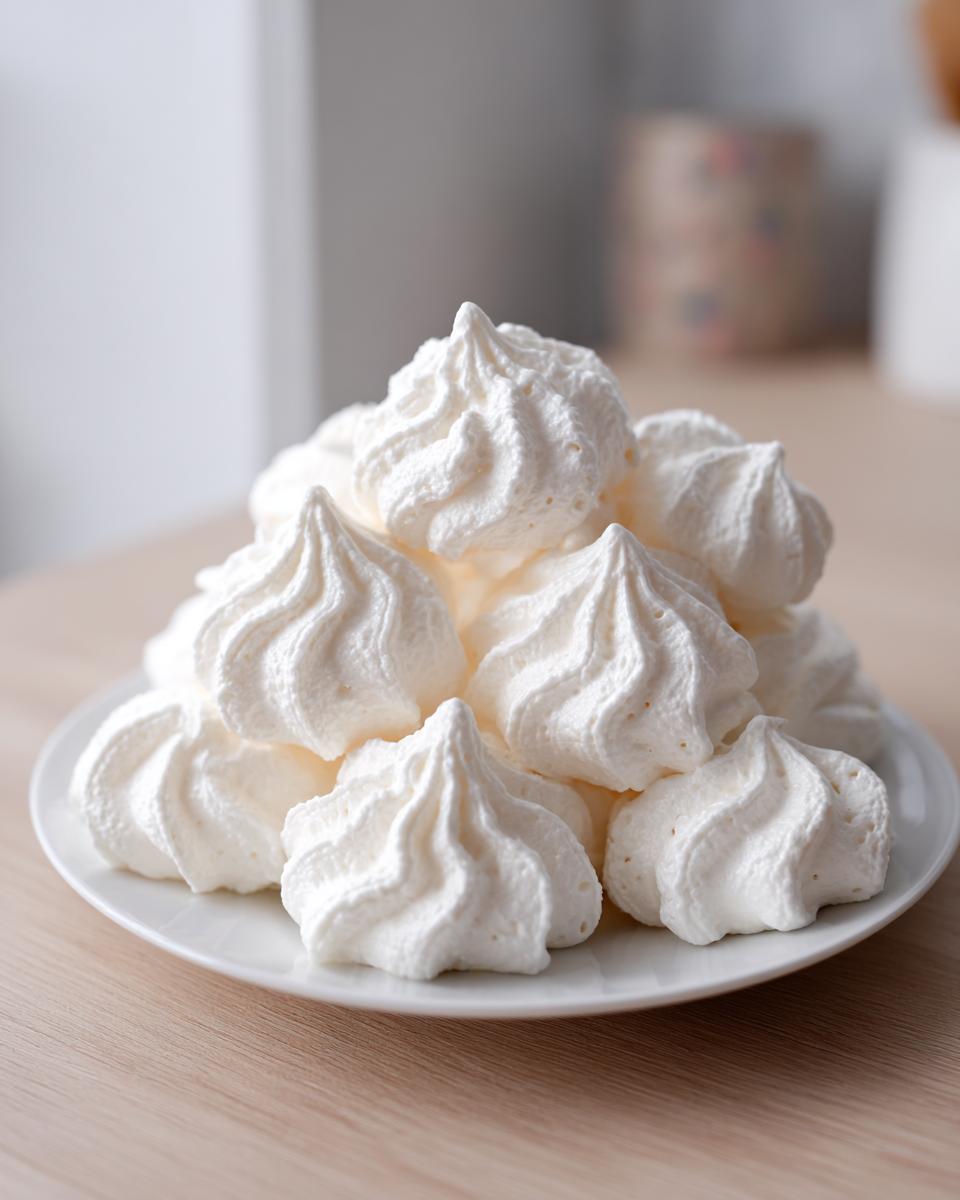 A mound of freshly piped, white meringue cookies stacked high on a small white plate.