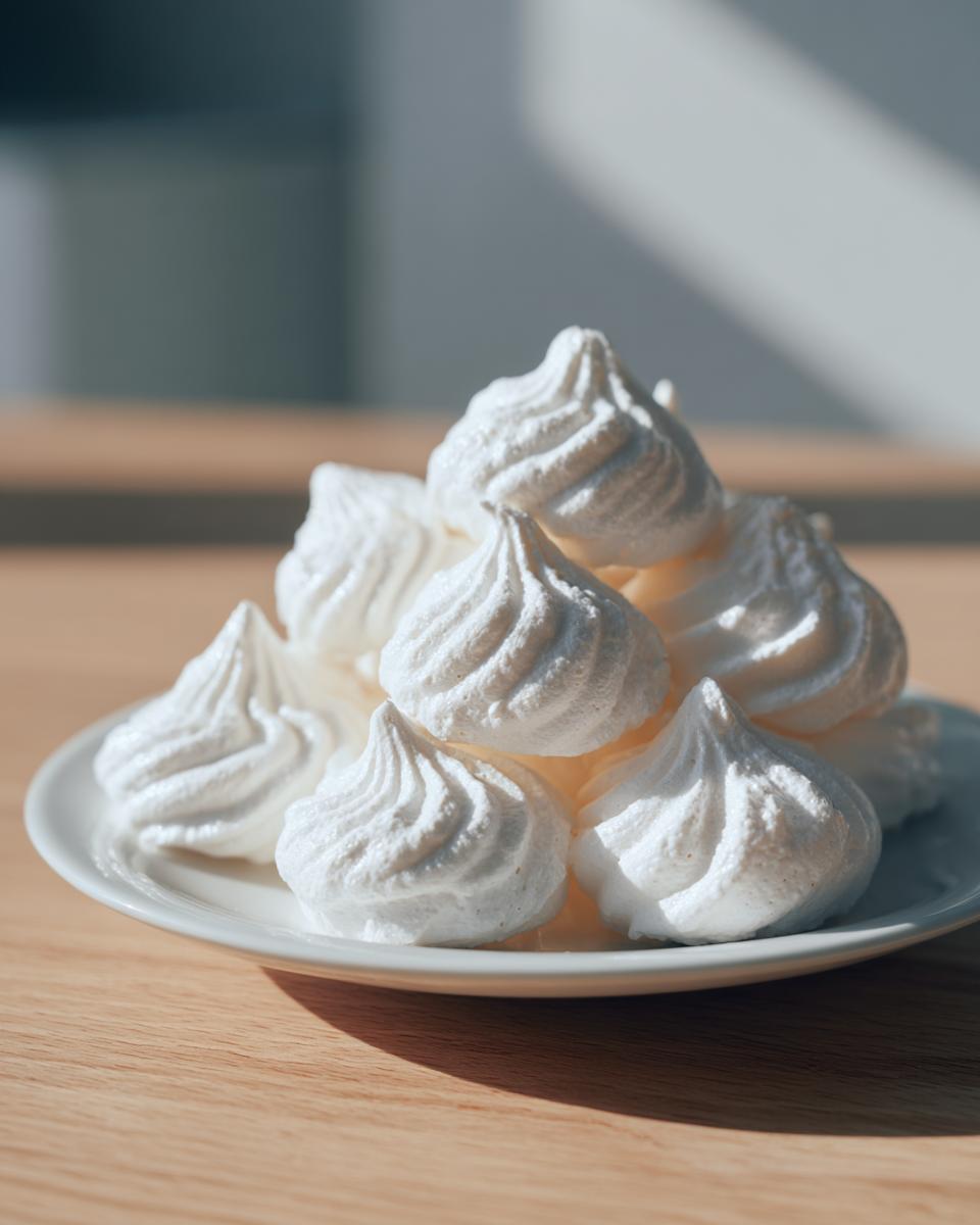 A small white plate piled high with perfectly piped, white meringue cookies catching bright sunlight.