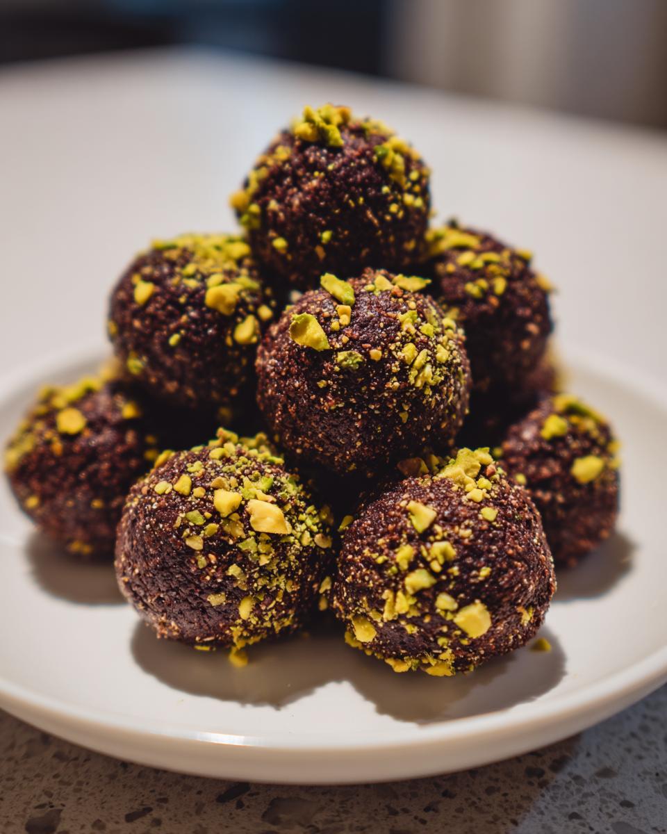A stack of rich, dark dubai chocolate balls coated generously with bright green crushed pistachios.