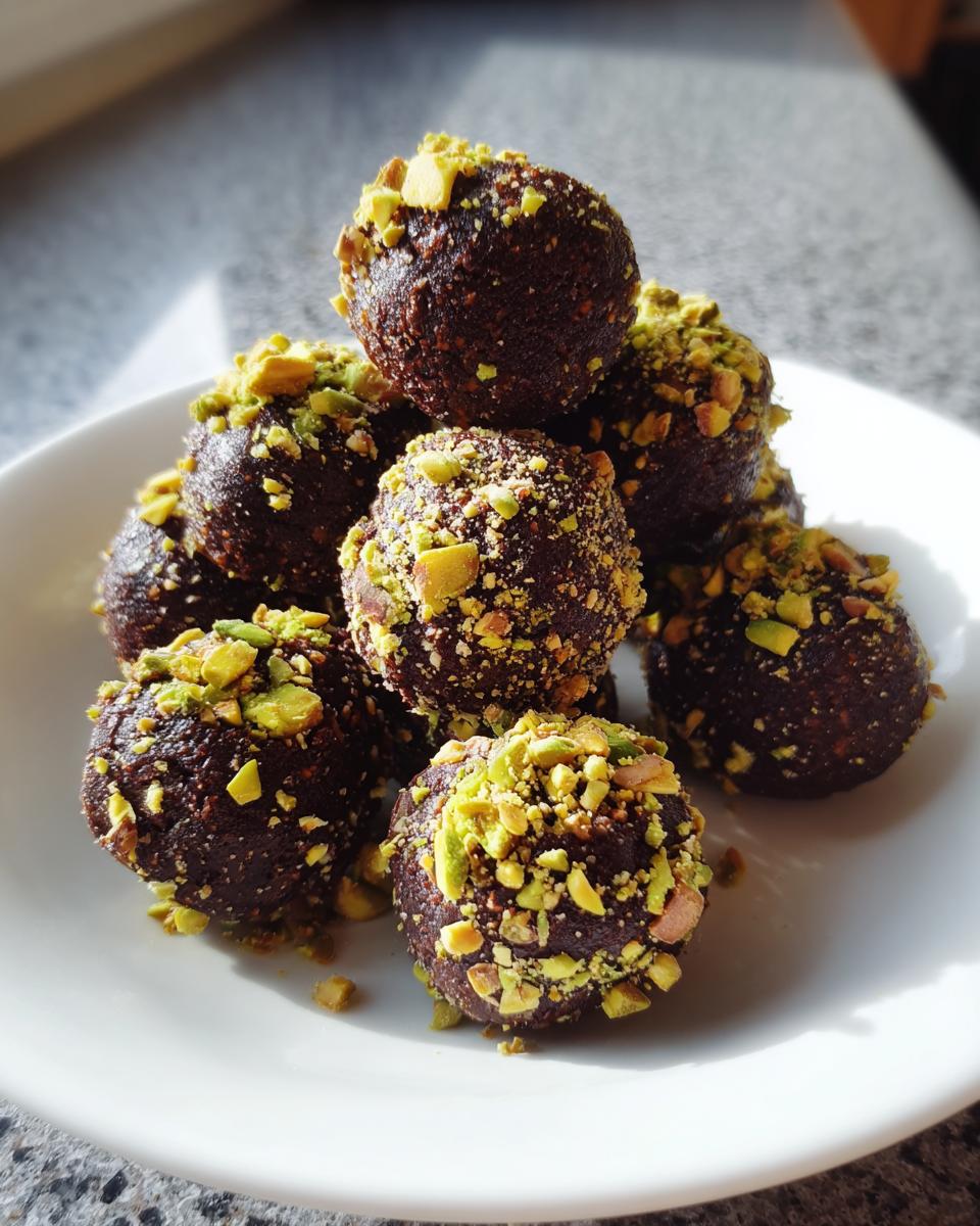 A stack of rich, dark dubai chocolate balls generously coated in bright green chopped pistachios, served on a white plate.