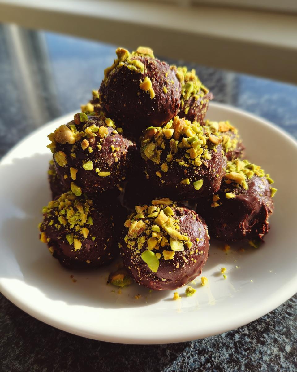 A stack of rich, dark dubai chocolate balls generously topped with bright green chopped pistachios, served on a white plate.