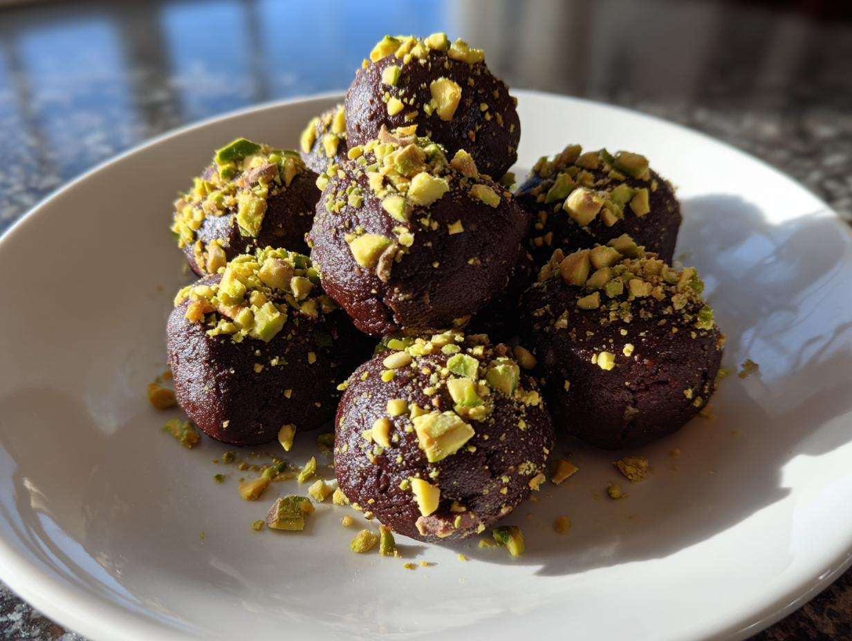 A pile of rich, dark dubai chocolate balls topped generously with chopped green pistachios, served on a white plate.