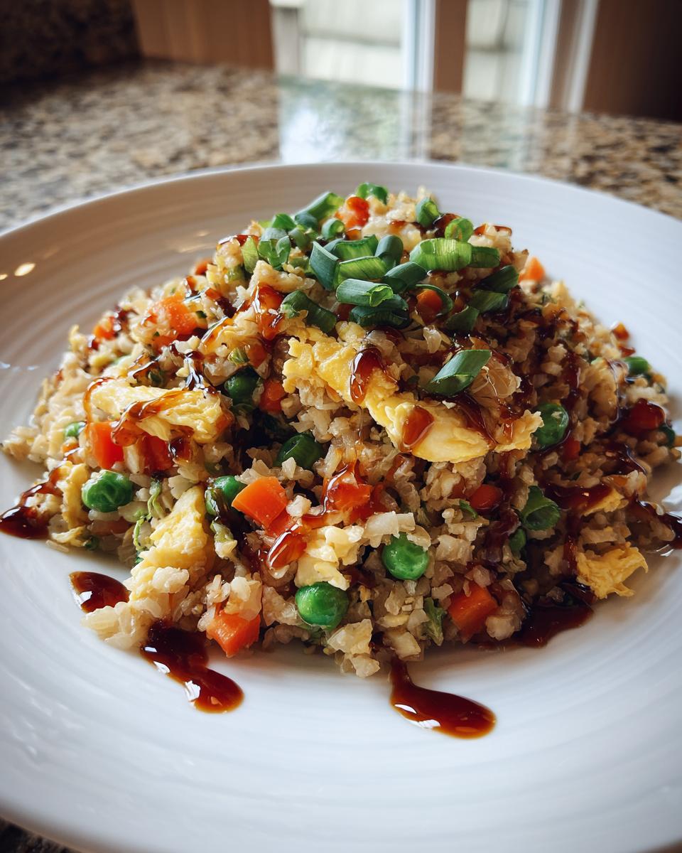 A close-up of a serving of cauliflower fried rice mixed with peas and carrots, topped with scrambled egg, green onions, and a drizzle of soy sauce.