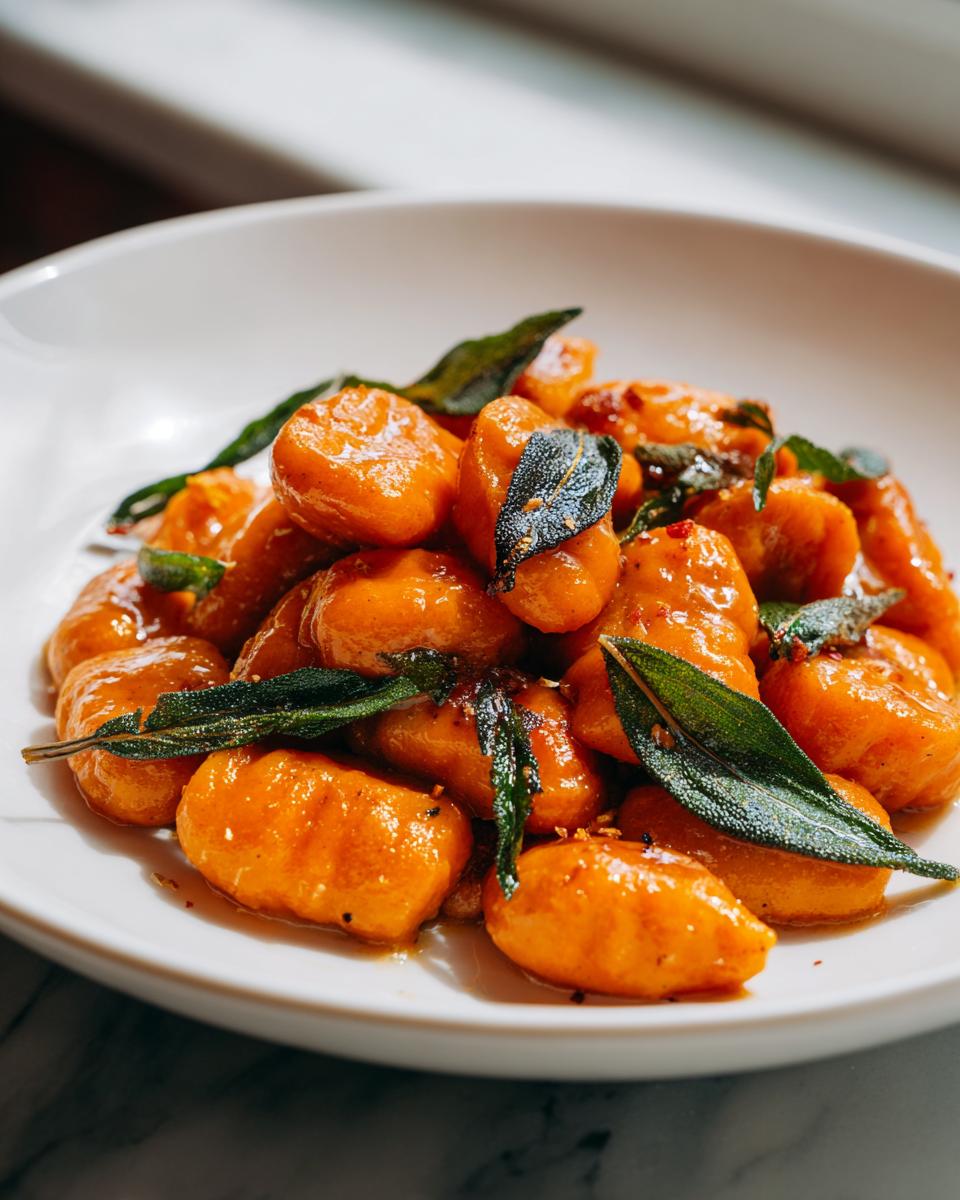 A close-up of bright orange sweet potato gnocchi tossed in sauce and topped with crispy sage leaves.